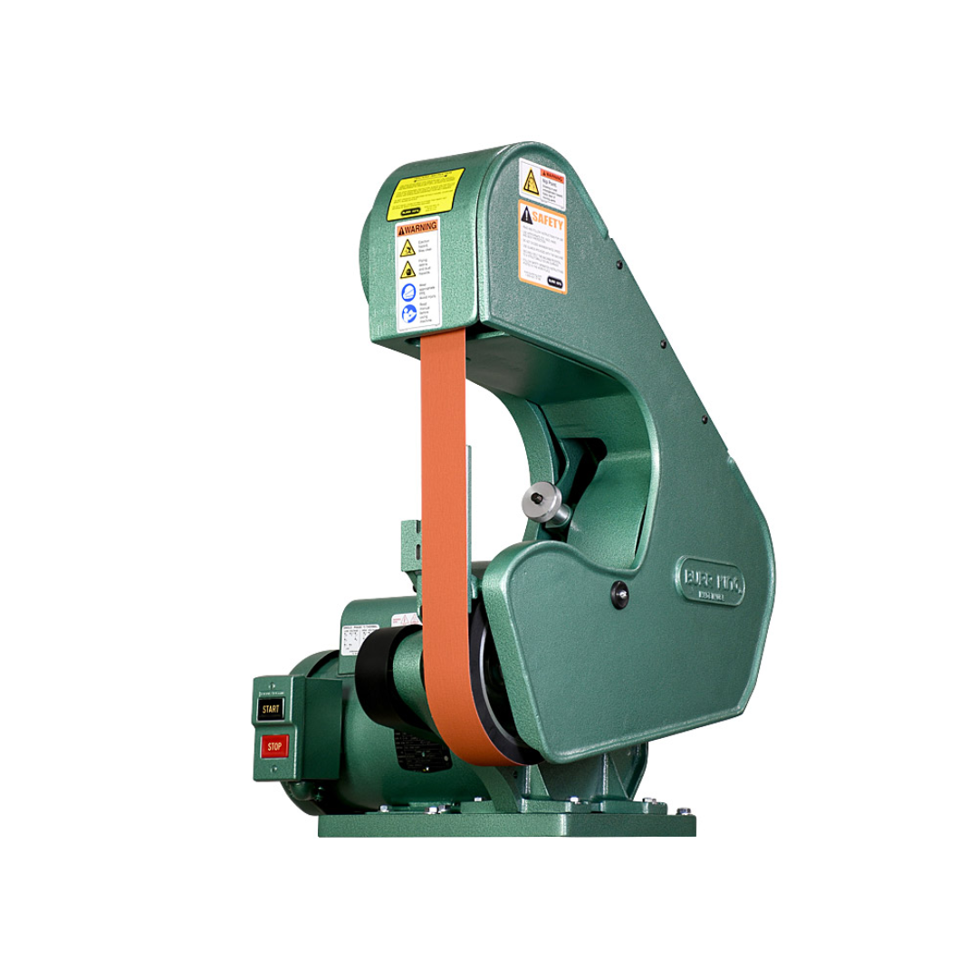 Burr King 1.5 x 60 or 2 x 60 Three Wheel Belt Grinder Model 760 75100 rear angle view displaying the three-wheel design, drive system, and compact industrial construction.