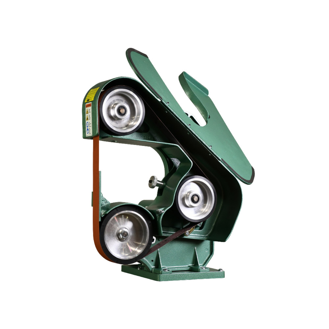 Burr King 1.5 x 60 or 2 x 60 Three Wheel Belt Grinder Model 760 75100 side view highlighting the three-wheel belt path, contact wheels, and heavy-duty grinder construction.