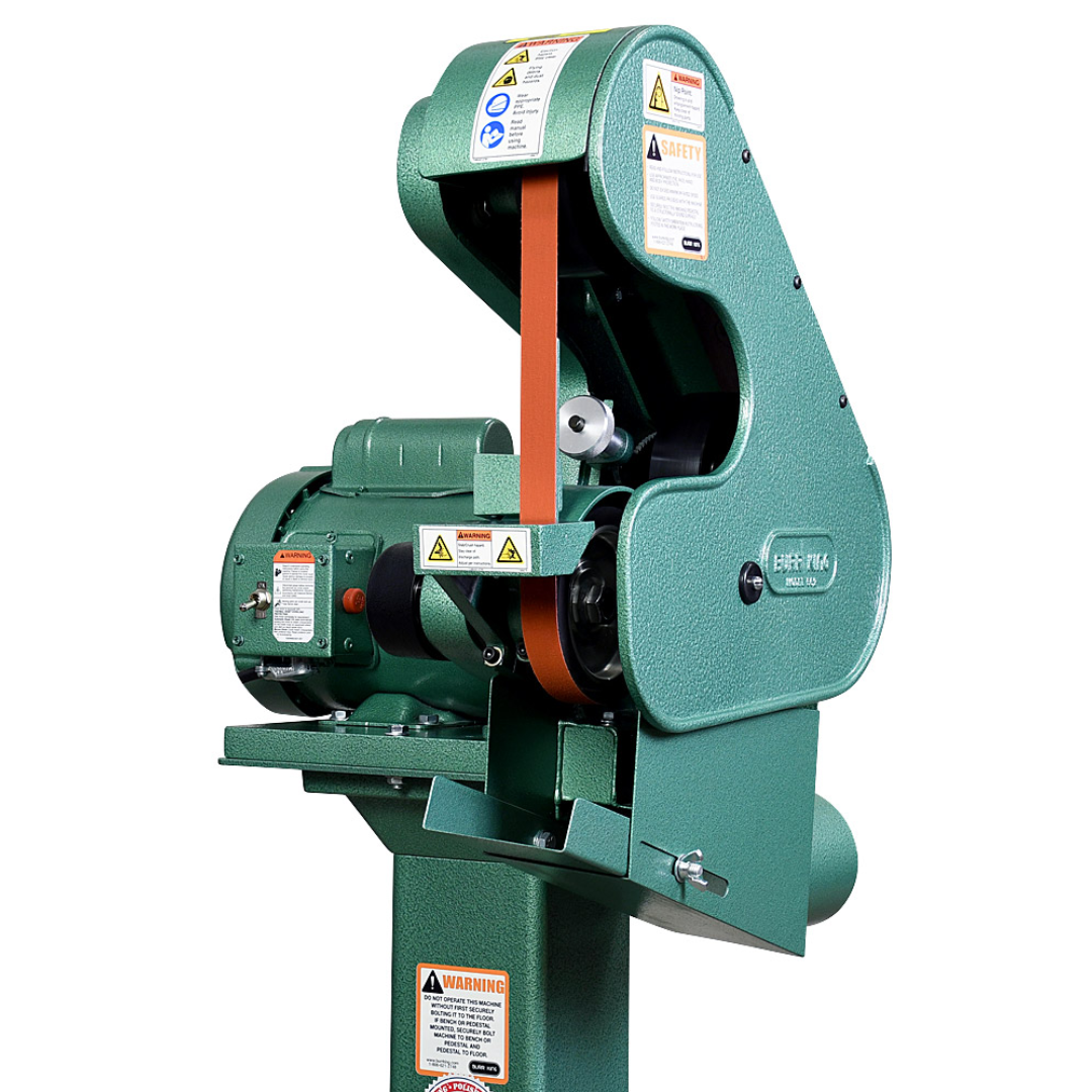 Burr King 1 x 42 Three Wheel Belt Grinder Model 562 56100 alternate side view displaying the contact wheel, abrasive belt, and precision tracking assembly.