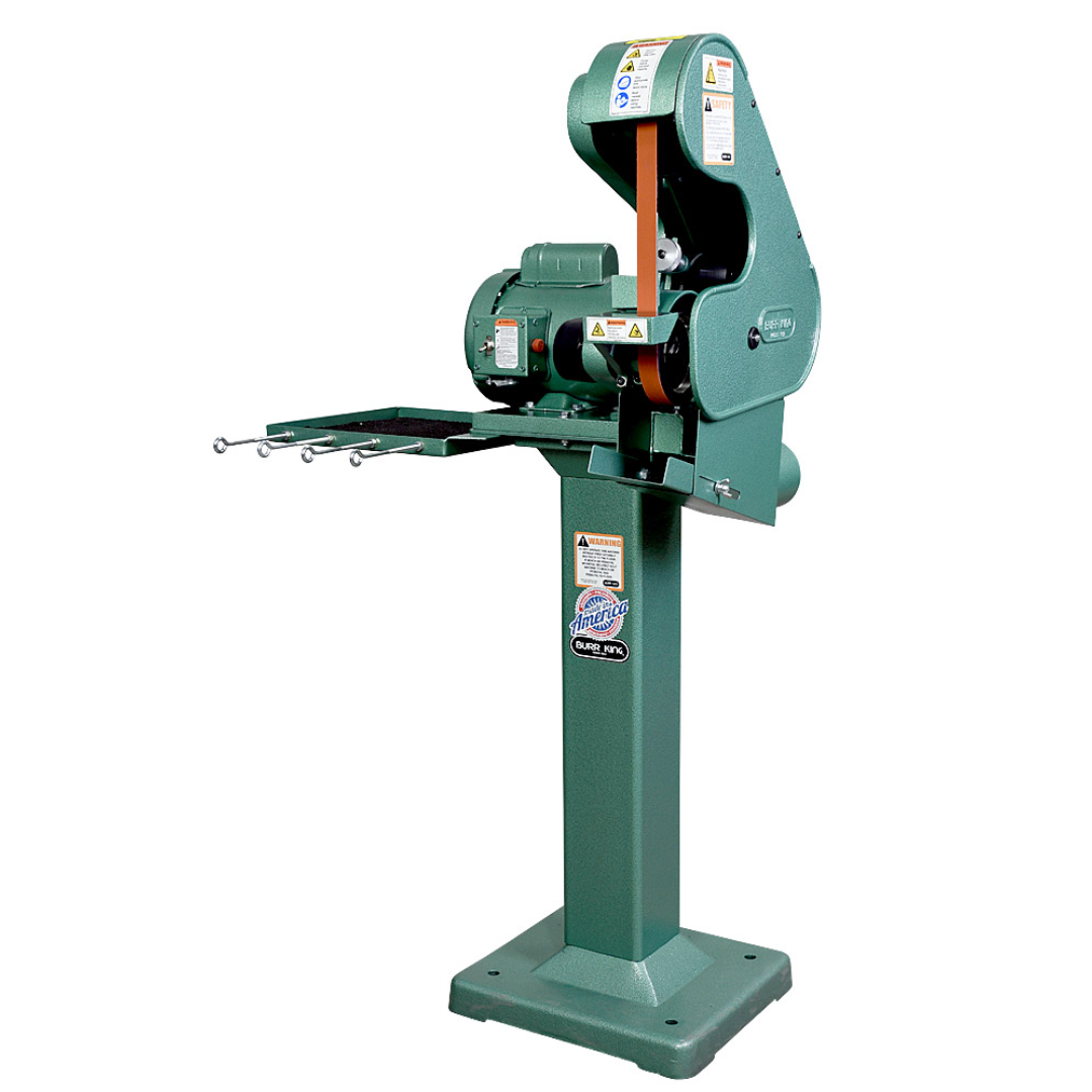 Burr King 1 x 42 Three Wheel Belt Grinder Model 562 56100 pedestal-mounted configuration for ergonomic industrial grinding and finishing applications.