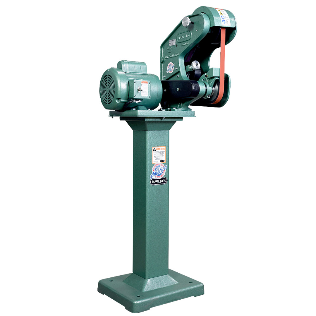 Burr King 1 x 42 Three Wheel Belt Grinder Model 562 56100 pedestal-mounted rear view showing the grinder head, motor, and compact industrial construction.