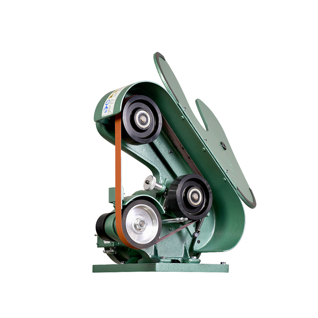 Burr King 1 x 42 Three Wheel Belt Grinder Model 562 56100 side view highlighting the three-wheel belt path and open grinding access.