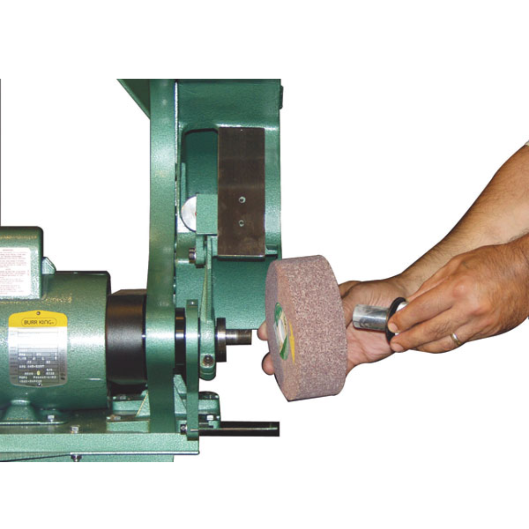 Burr King 1 x 42 Three Wheel Belt Grinder Model 562 57110 accessory attachment demonstration illustrating quick belt changes and versatile industrial grinding capabilities.