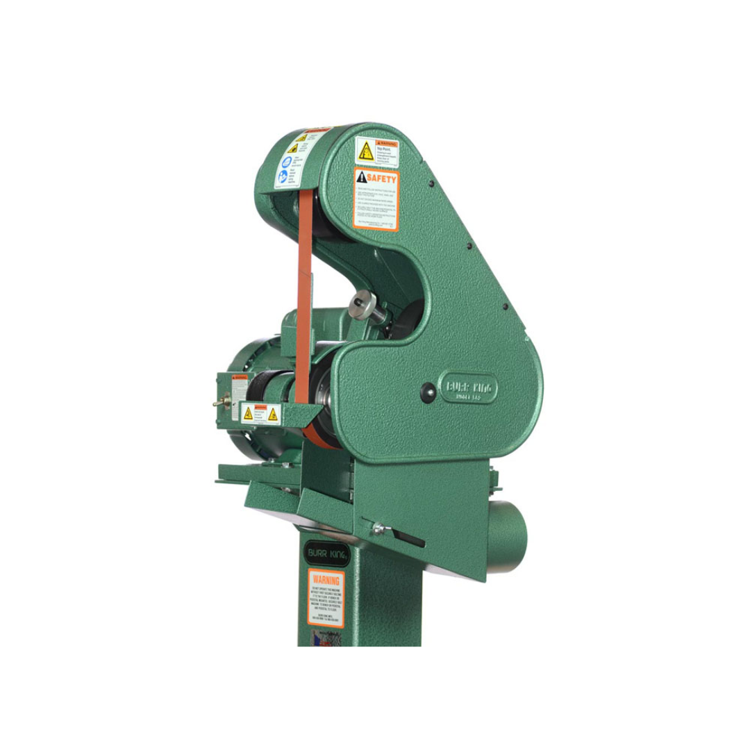 Burr King 1 x 42 Three Wheel Belt Grinder Model 562 57110 side view highlighting the compact three-wheel design, abrasive belt, and precision belt tracking system.