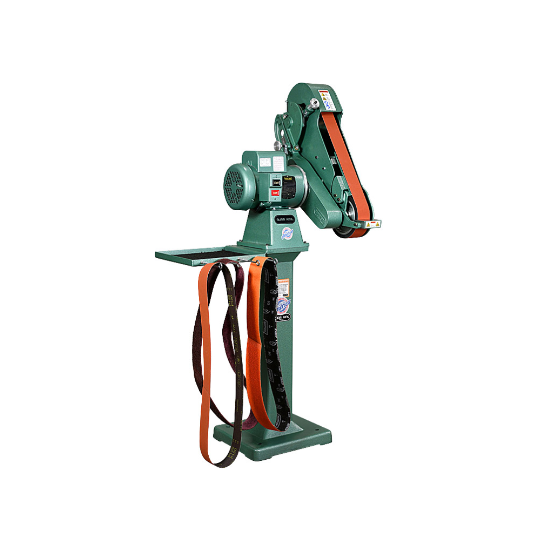 Burr King 2.5 x 60 Two Wheel Belt Grinder Model 960-250 90100 configured with optional accessories for expanded grinding, polishing, and finishing capabilities.