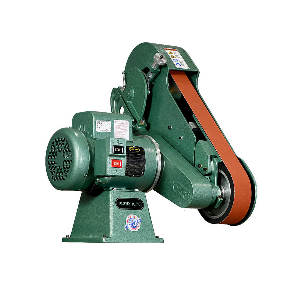 Burr King 2.5 x 60 Two Wheel Belt Grinder Model 960-250 90100 front angle view showing the belt tracking system, contact wheel, and heavy-duty grinder construction.