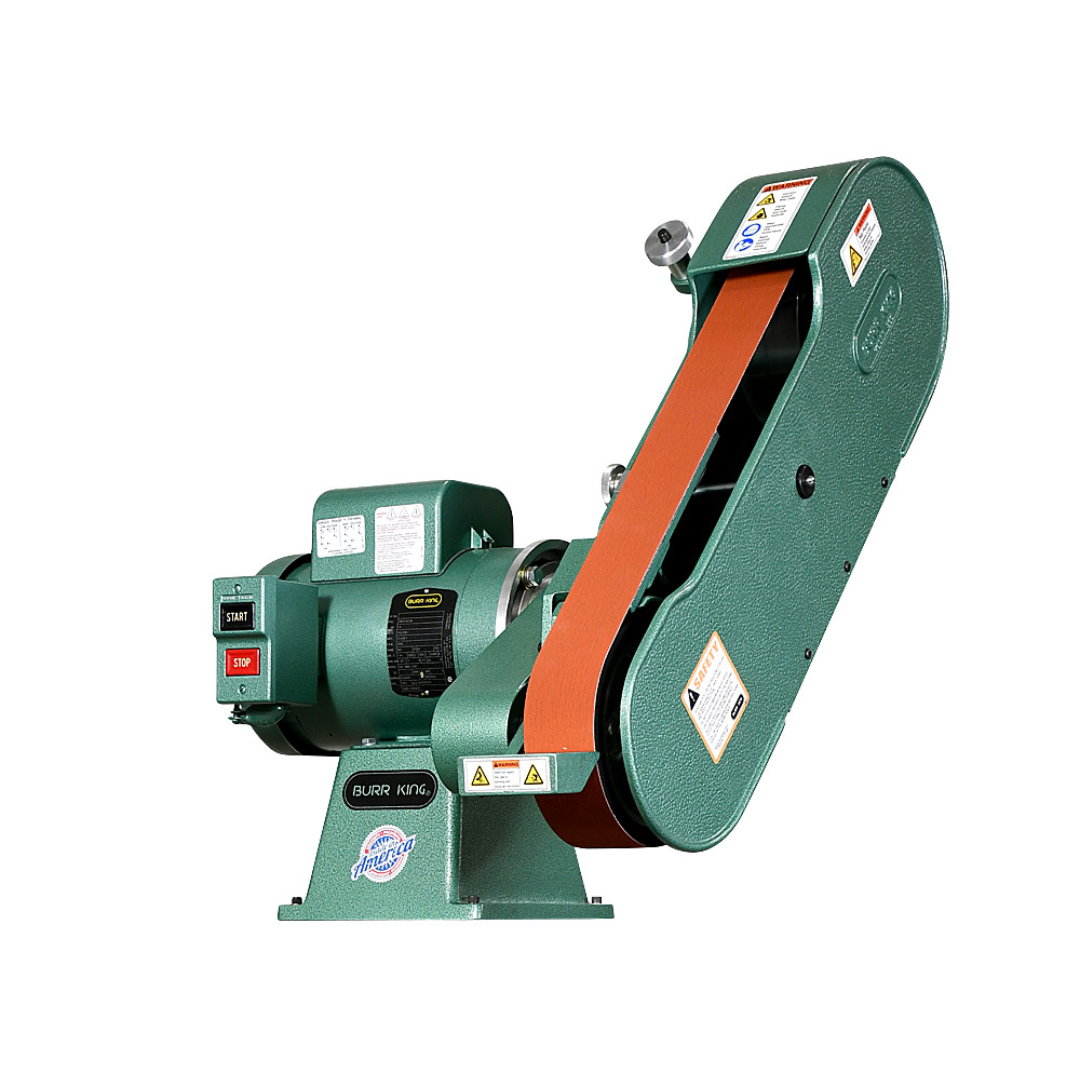 Burr King 2.5 x 60 Two Wheel Belt Grinder Model 960-250 90100 industrial two-wheel belt grinder with a 2.5 x 60 inch belt designed for heavy-duty grinding, deburring, beveling, and metal finishing.