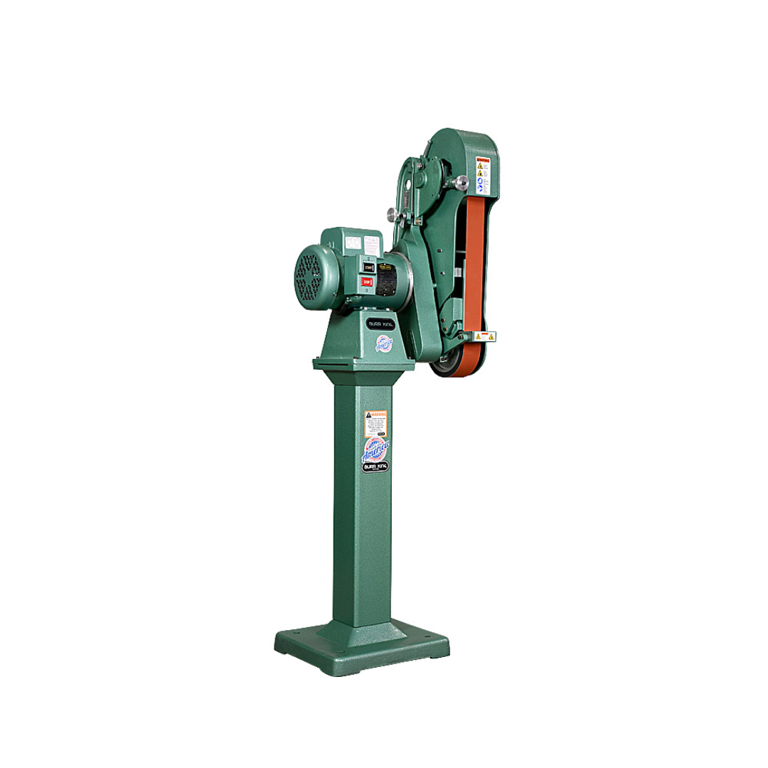 Burr King 2.5 x 60 Two Wheel Belt Grinder Model 960-250 90100 pedestal-mounted configuration providing ergonomic operation for production grinding environments.