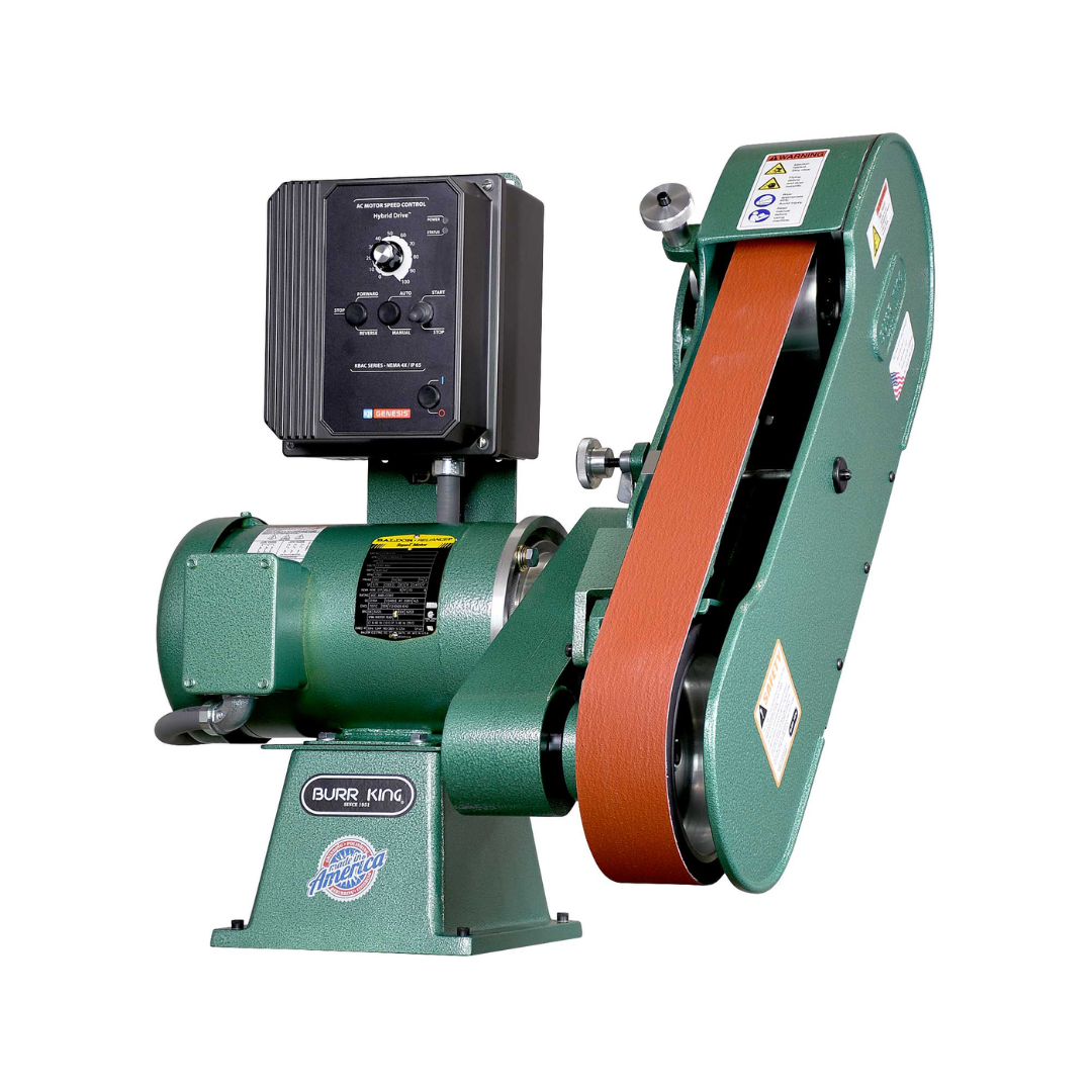 Burr King 2.5 x 60 Two Wheel Belt Grinder Model 960-250 92110 front angle view showing the variable frequency drive, motor, contact wheel, and abrasive belt assembly.