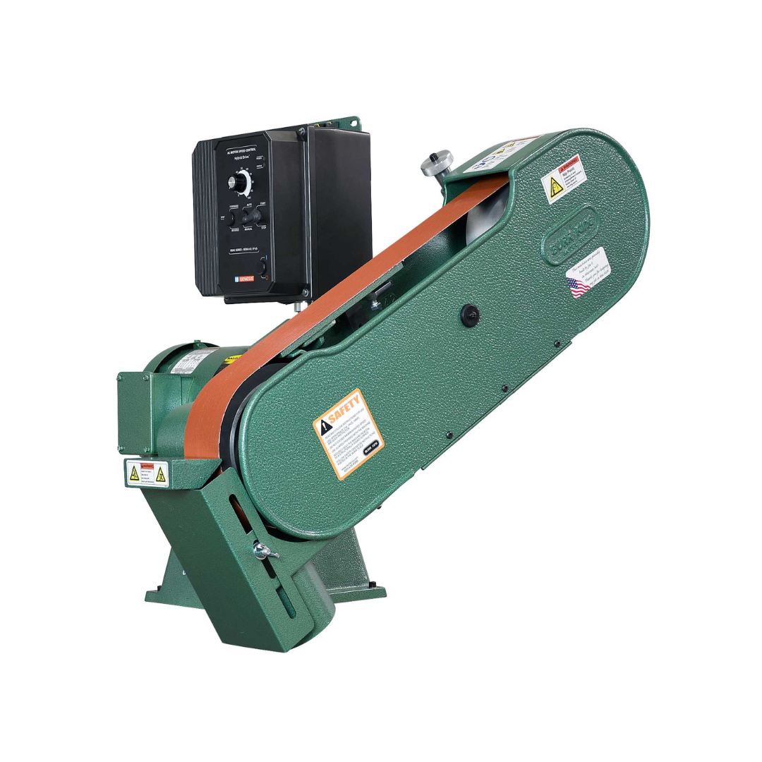 Burr King 2.5 x 60 Two Wheel Belt Grinder Model 960-250 92110 front view illustrating the contact wheel, belt path, and precision tracking assembly.