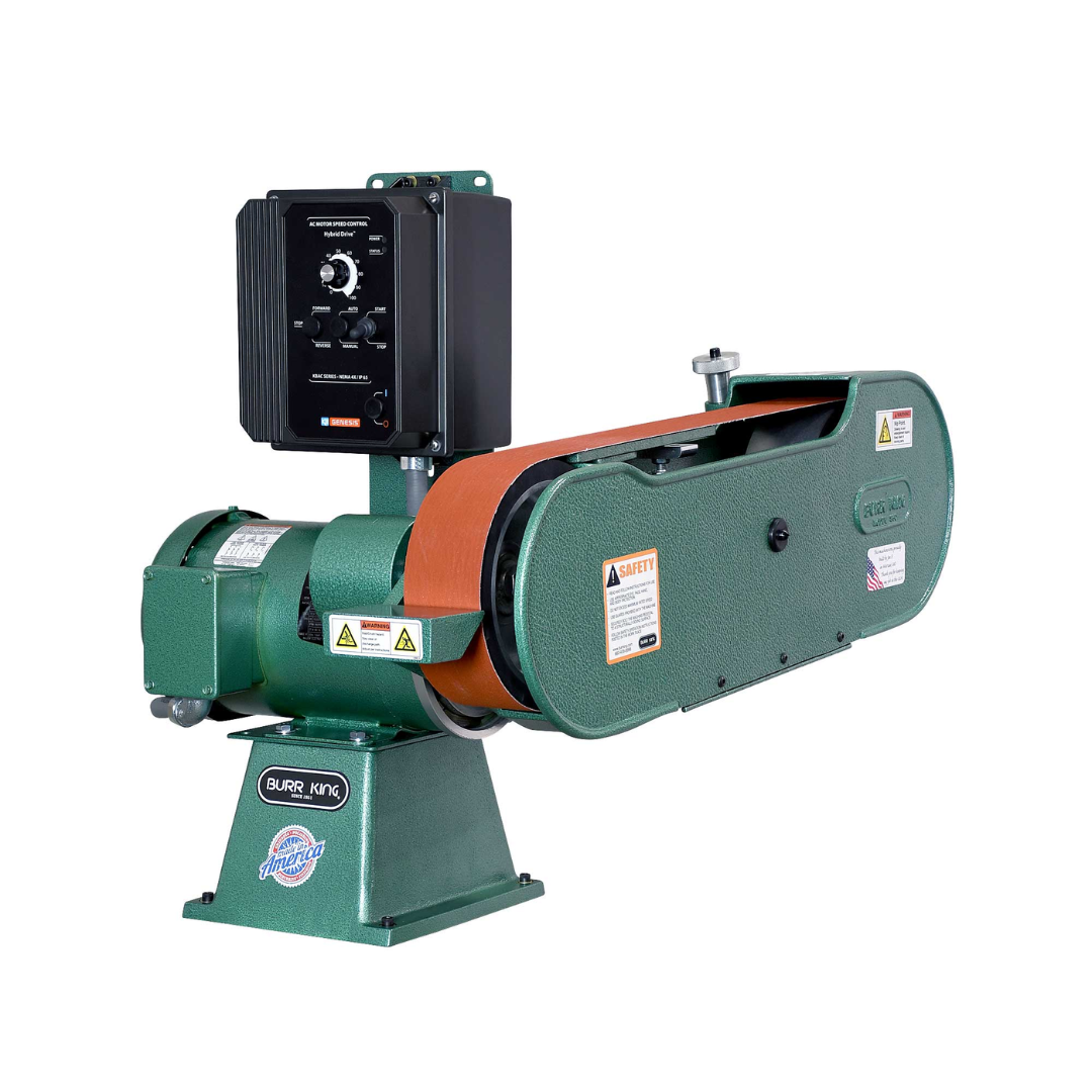 Burr King 2.5 x 60 Two Wheel Belt Grinder Model 960-250 92110 horizontal bench-mounted configuration designed for versatile industrial belt grinding operations.