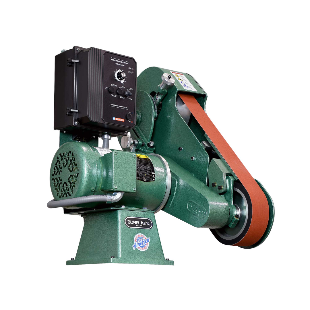 Burr King 2.5 x 60 Two Wheel Belt Grinder Model 960-250 92110 industrial variable speed two-wheel belt grinder with a 2.5 x 60 inch abrasive belt for grinding, deburring, beveling, and precision metal finishing.