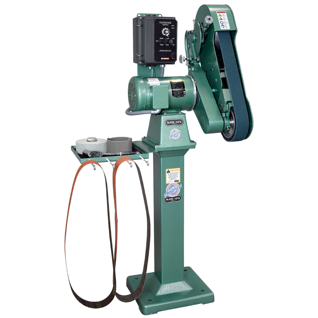 Burr King 2.5 x 60 Two Wheel Belt Grinder Model 960-250 92110 pedestal-mounted variable speed belt grinder configured for industrial grinding and finishing applications.