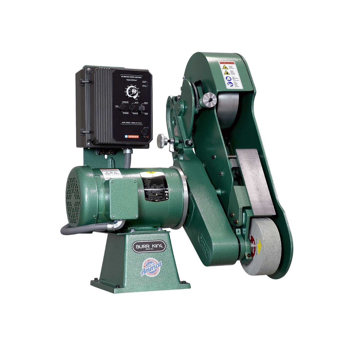Burr King 2.5 x 60 Two Wheel Belt Grinder Model 960-250 92110 side profile highlighting the long 2.5 x 60 inch abrasive belt and variable speed grinding system.
