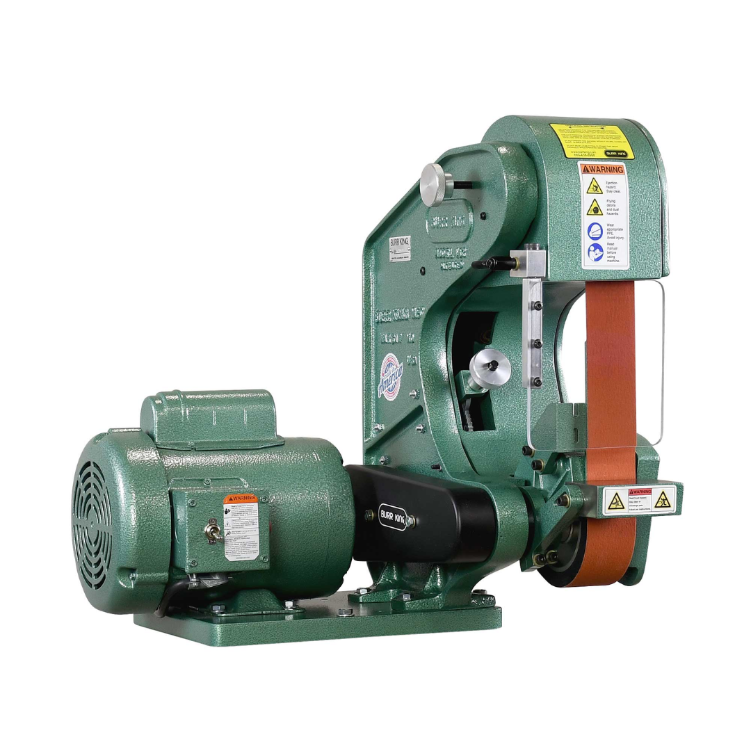 Burr King 2 x 48 Three Wheel Belt Grinder Model 482 40100 bench-mounted configuration showing the compact three-wheel design for versatile grinding operations.