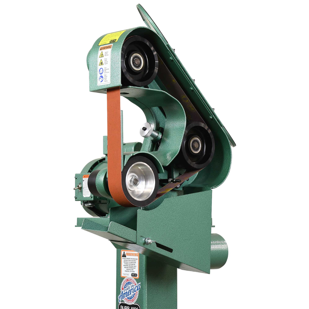 Burr King 2 x 48 Three Wheel Belt Grinder Model 482 40100 close-up view of the belt tracking assembly, contact wheels, and grinding head.