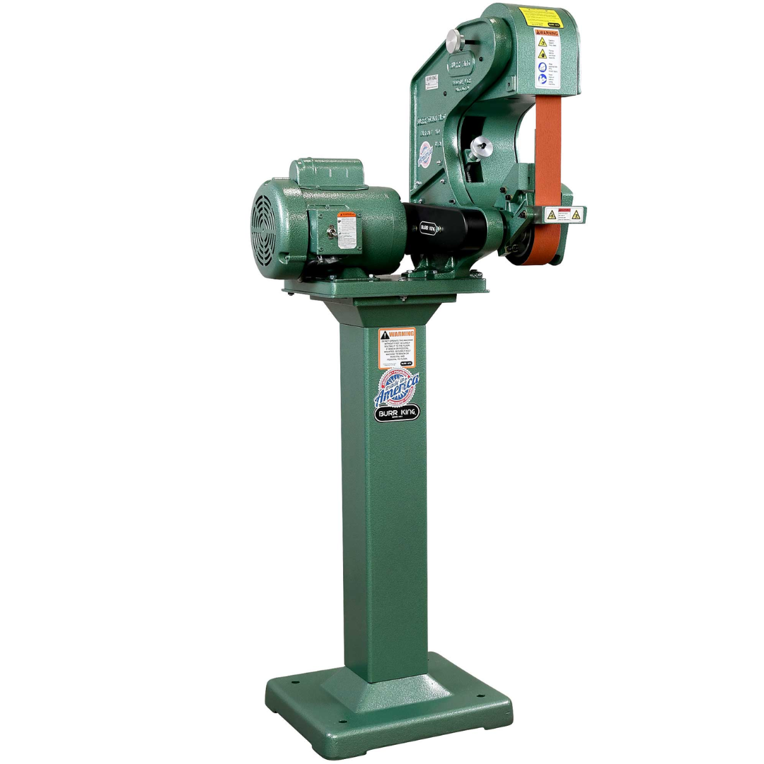 Burr King 2 x 48 Three Wheel Belt Grinder Model 482 40100 pedestal-mounted configuration for ergonomic industrial belt grinding and finishing applications.