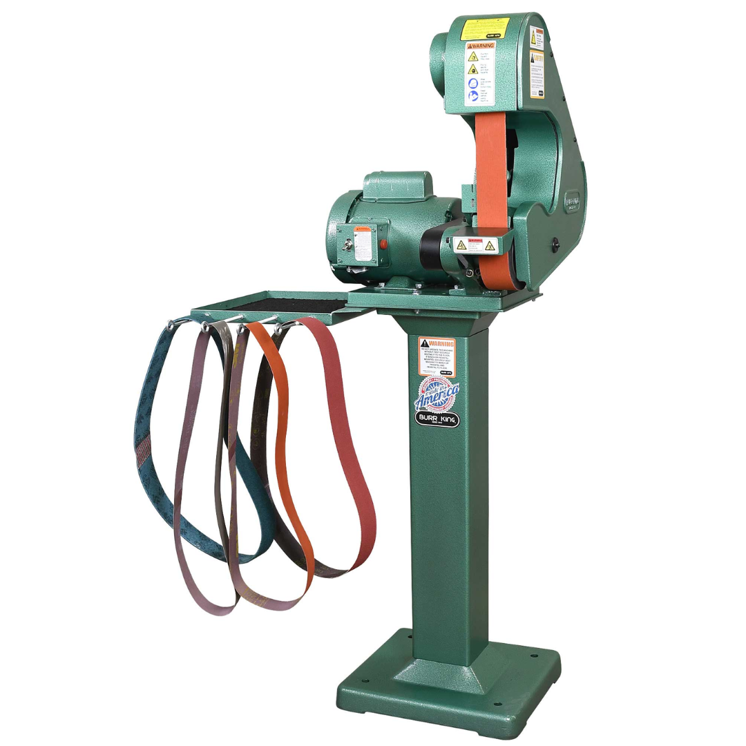 Burr King 2 x 48 Three Wheel Belt Grinder Model 482 40100 pedestal-mounted unit with power cord shown for professional fabrication and production environments.