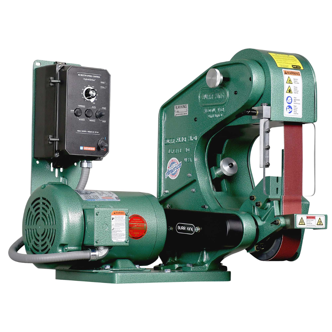 Burr King 2 x 48 Three Wheel Belt Grinder Model 482 41110 opposite side view showcasing the belt grinder assembly, motor housing, and industrial-grade construction.