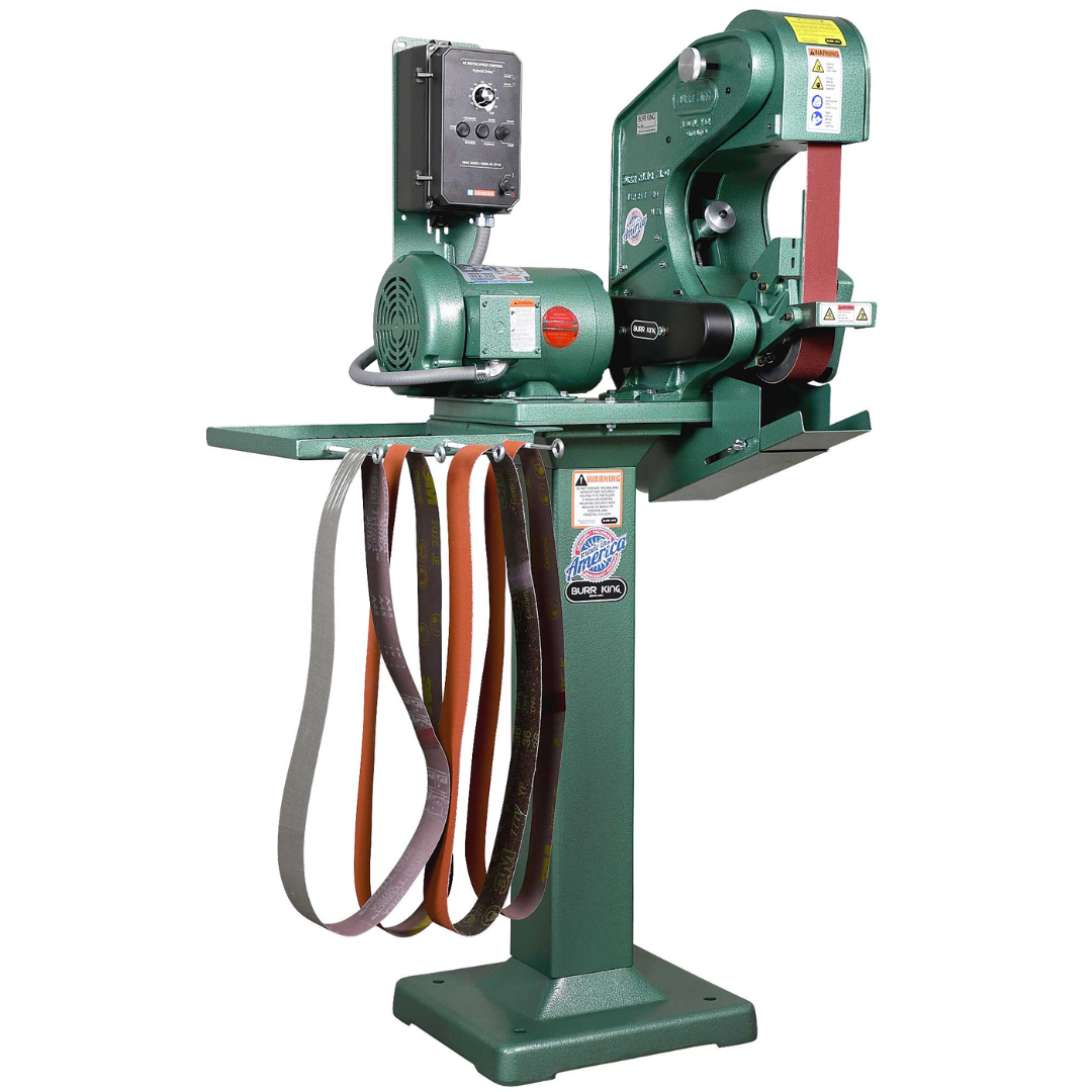 Burr King 2 x 48 Three Wheel Belt Grinder Model 482 41110 pedestal-mounted configuration displaying the full machine with integrated stand for professional metal fabrication applications.