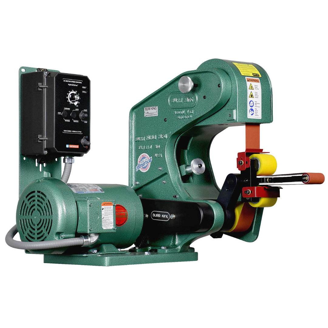 Burr King 2 x 48 Three Wheel Belt Grinder Model 482 41110 side profile showing the belt tracking assembly, drive motor, and compact industrial grinder design.