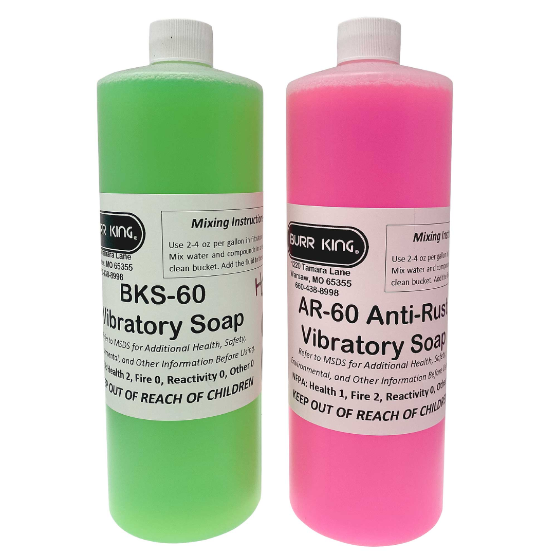 Burr King Ceramic Starter Kit SK150 with green Ceramic Slurry Soap and pink M-40 Additive bottles used to support ceramic media finishing and polishing performance.