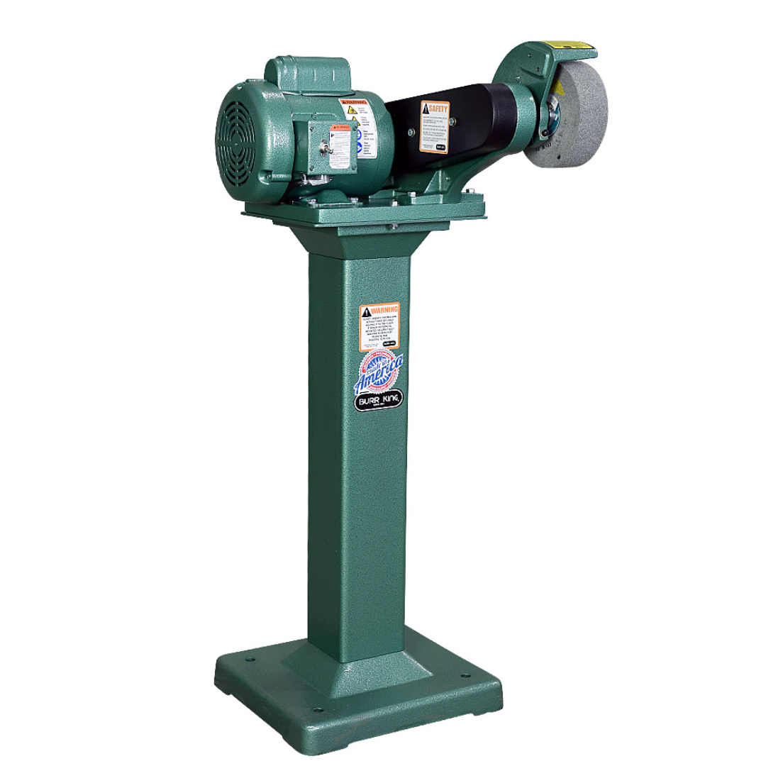 Burr King Deburring & Polishing Machines Model 600 60100 side profile mounted on pedestal for industrial grinding and polishing applications.