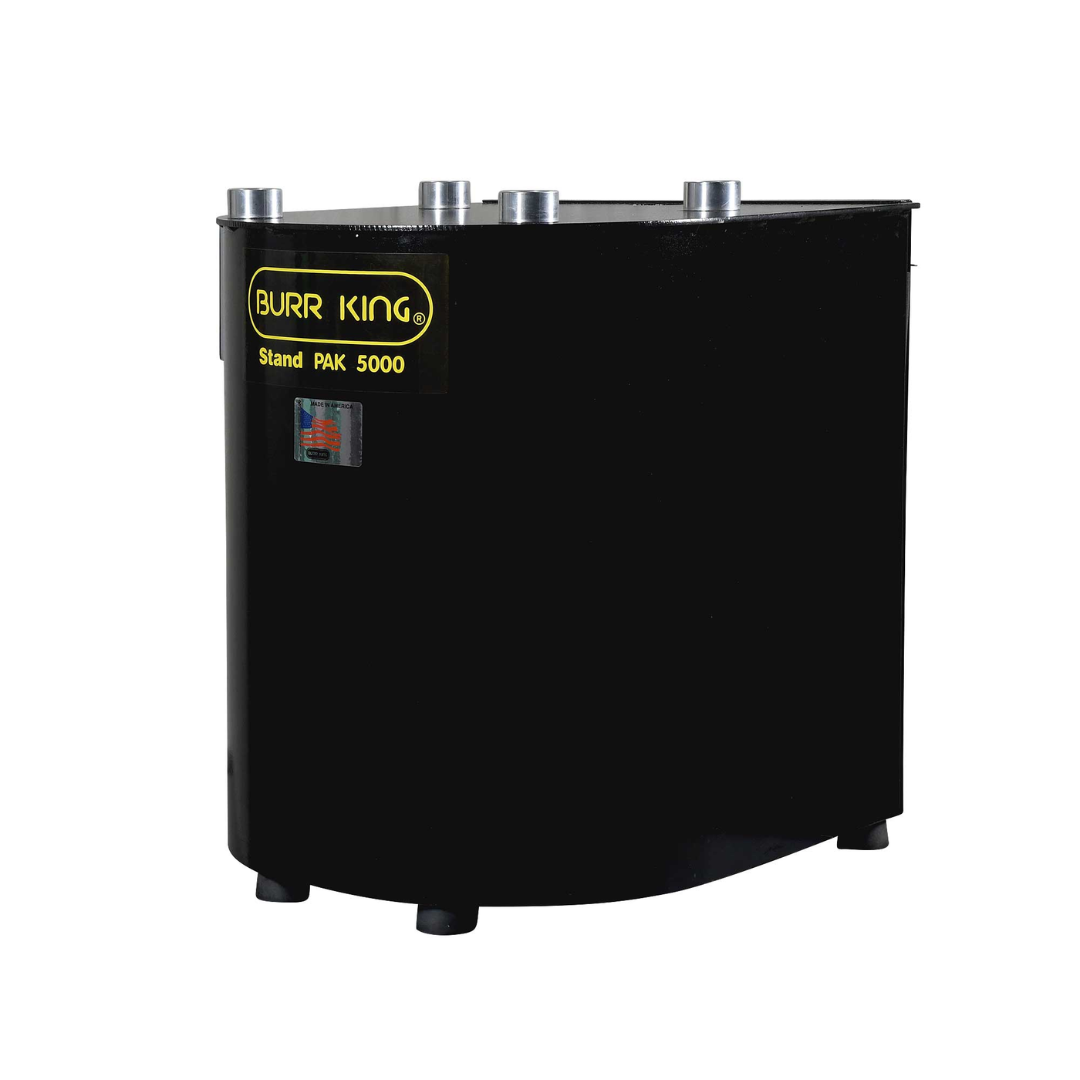 Burr King Stand Pak for 150/200 Bowls 5000 angled side view highlighting the compact coolant stand design and integrated electrical components.