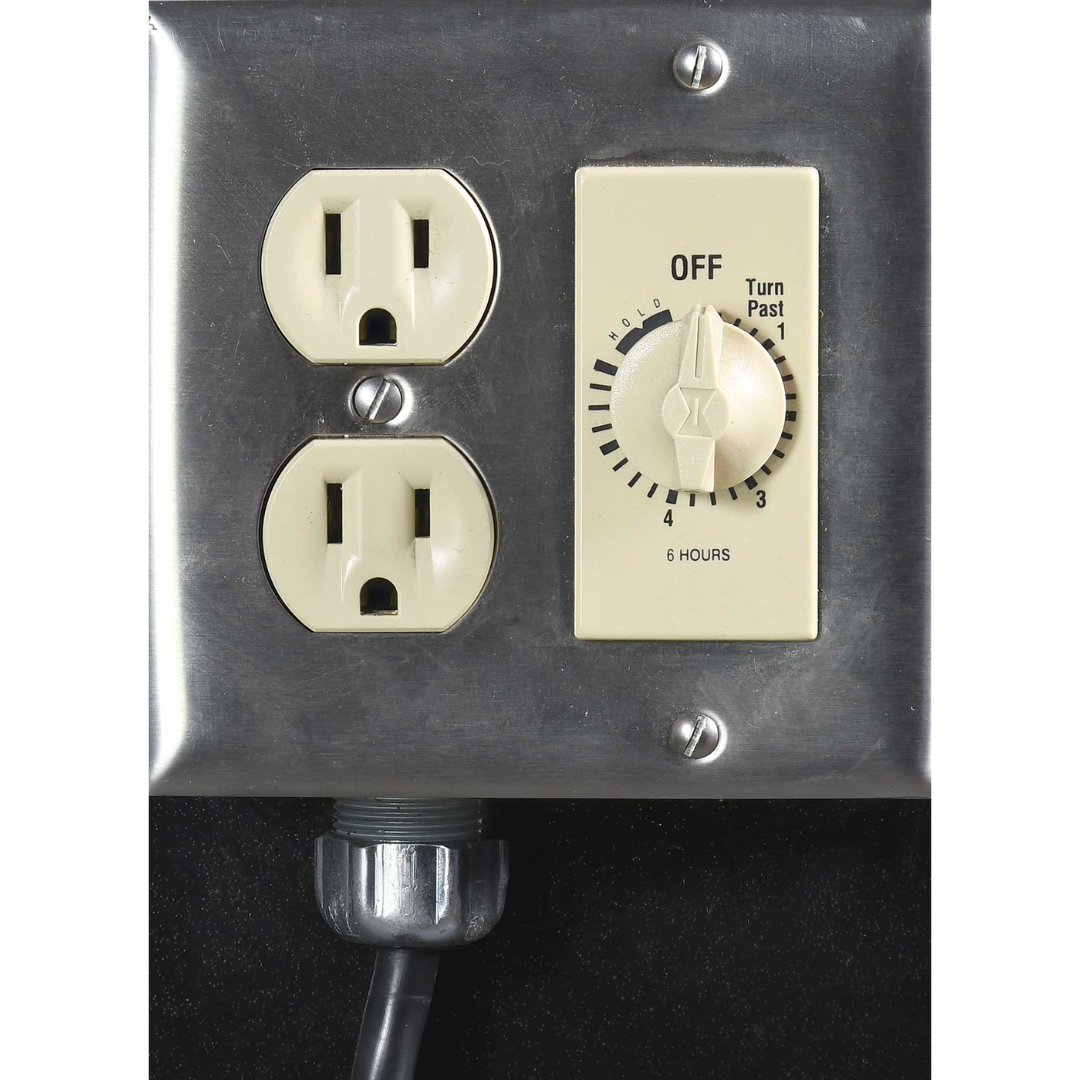 Burr King Stand Pak for 150/200 Bowls 5000 close-up of the integrated electrical outlet and control panel for convenient machine power connection.