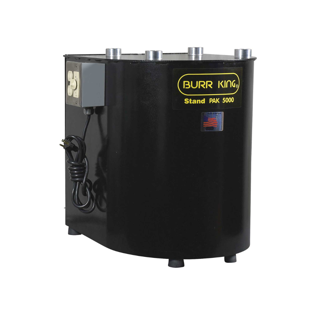 Burr King Stand Pak for 150/200 Bowls 5000 front view showing the industrial coolant filtration stand with enclosed reservoir and heavy-duty black steel construction.
