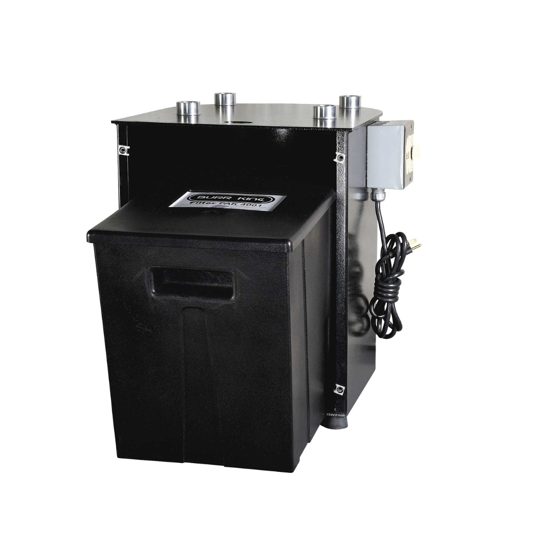 Burr King Stand Pak for 150/200 Bowls 5000 perspective view featuring the heavy-duty coolant stand, enclosed tank, and mounting configuration for Burr King 150 and 200 series bowls.