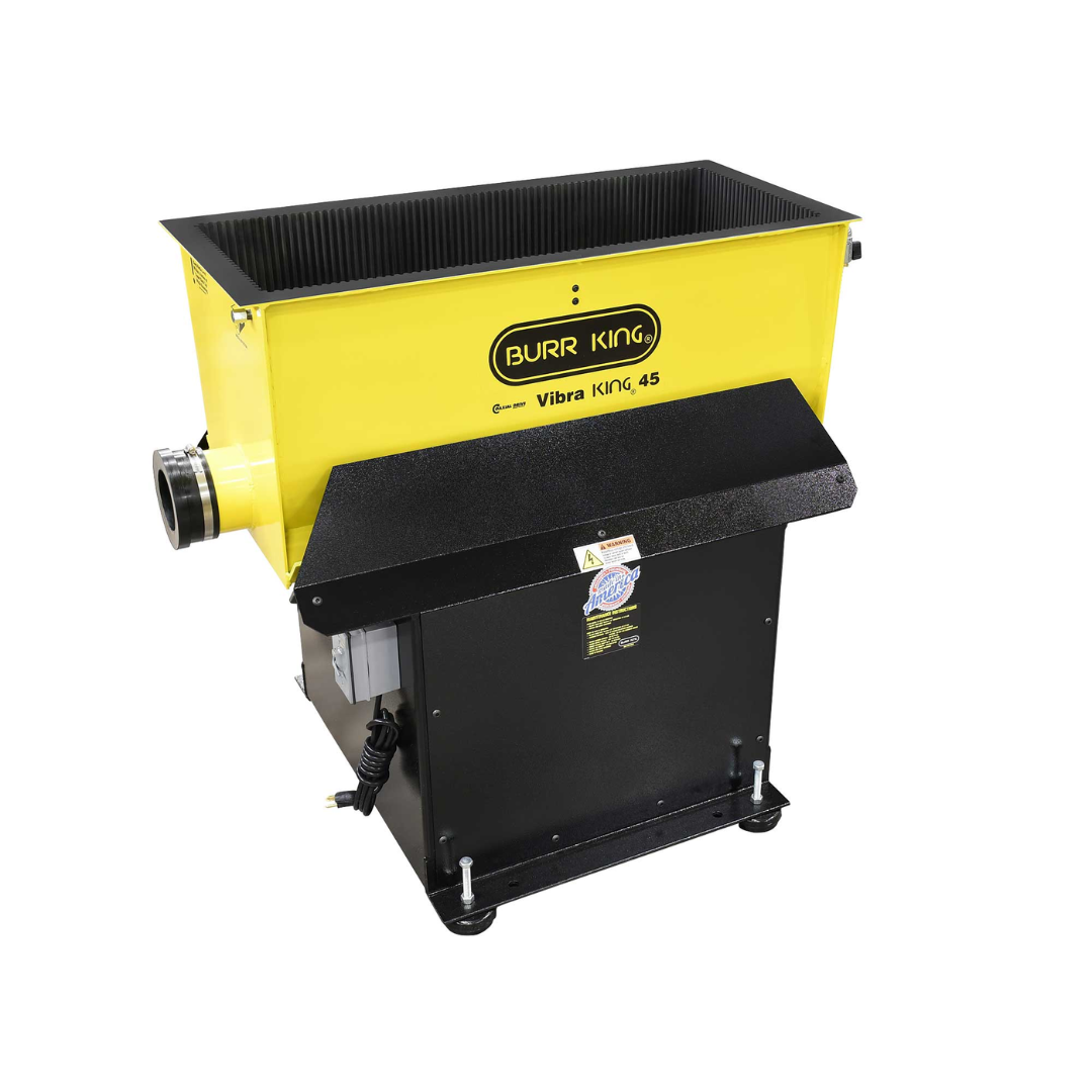Burr King Vibra King Chambers Models 25, 45 & 85 45100 industrial vibratory finishing chamber with heavy-duty steel construction designed for deburring, polishing, cleaning, and surface conditioning applications.