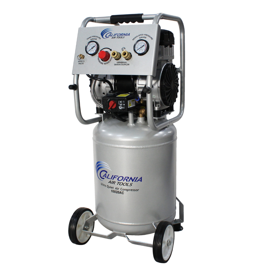 California Air Tools 10020AC Ultra Quiet 2.0 Hp 10 Gallon Air Compressor angled side view showing oil-free pump system