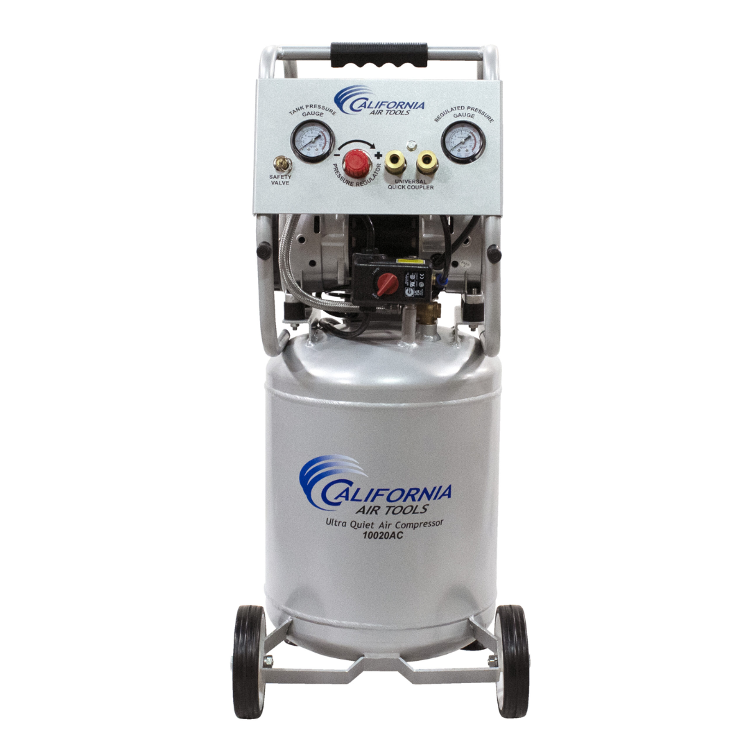California Air Tools 10020AC Ultra Quiet 2.0 Hp 10 Gallon Air Compressor rear view with dual motor configuration exposed