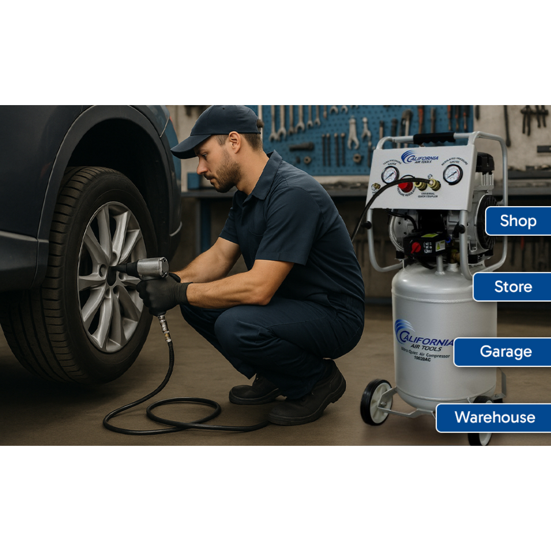California Air Tools 10020AC Ultra Quiet 2.0 Hp 10 Gallon Air Compressor versatile use cases in multiple environments collage
