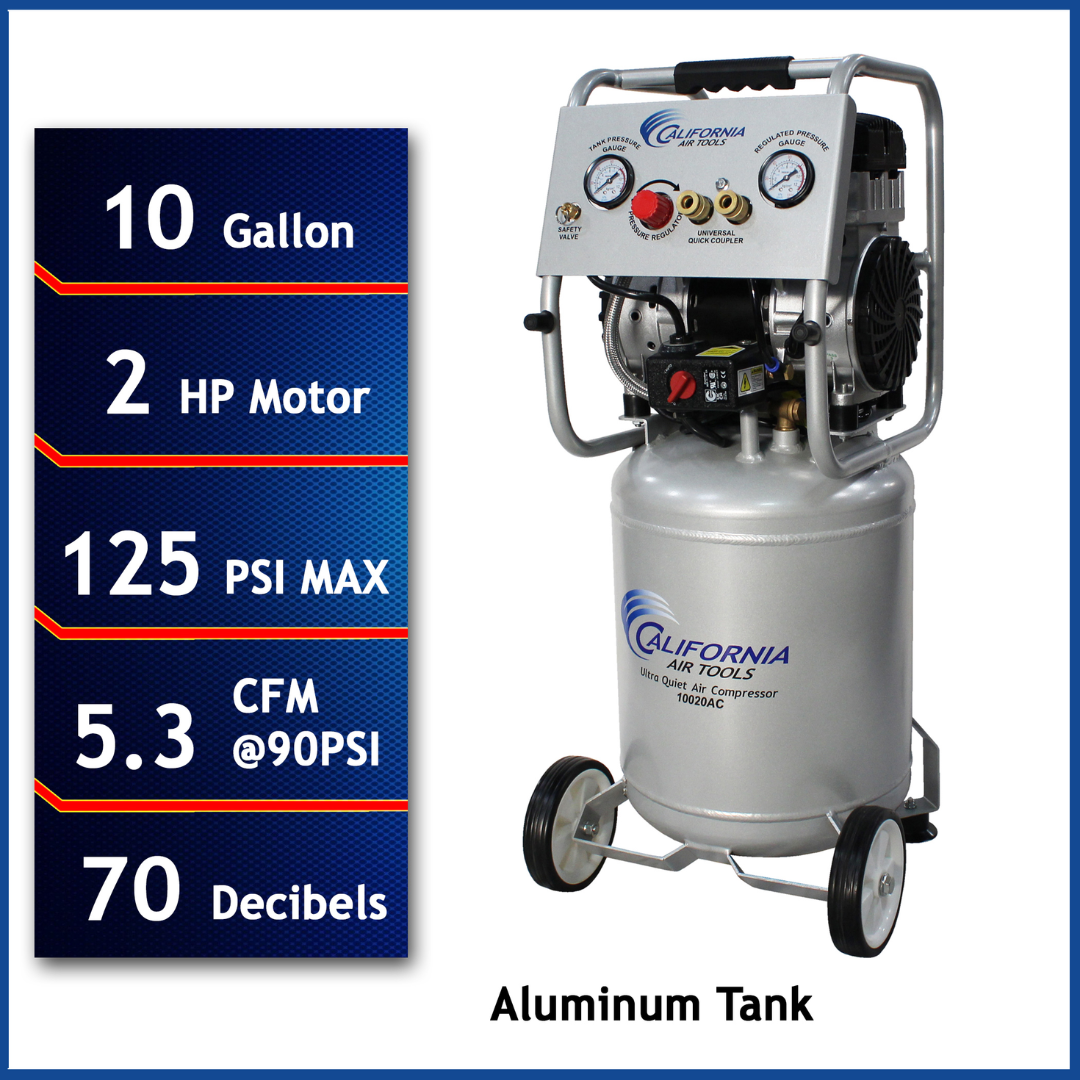 California Air Tools 10020AC Ultra Quiet 2.0 Hp 10 Gallon Air Compressor with aluminum tank and performance specs display