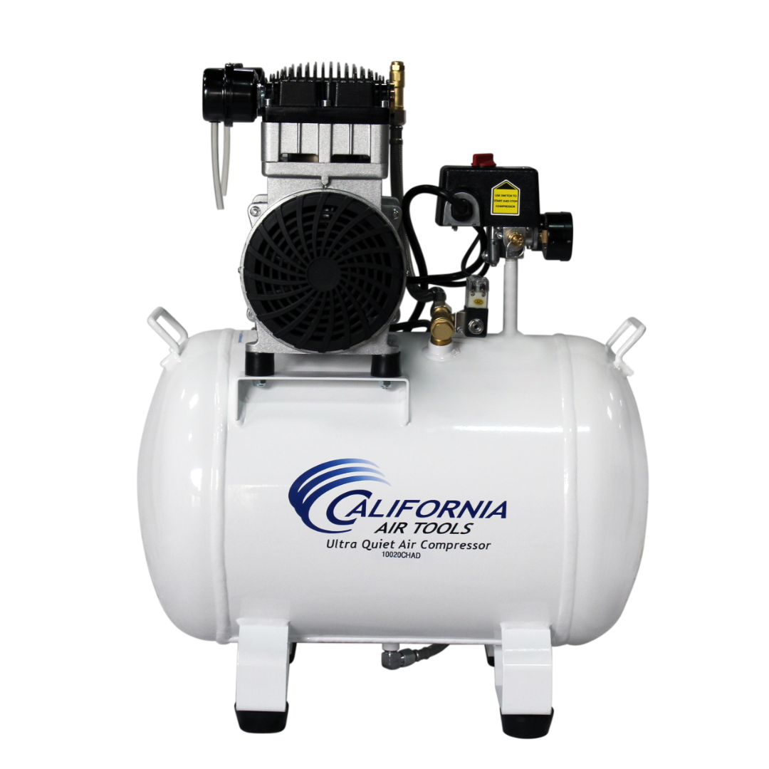 California Air Tools 10020CHAD-22060 Powerful 2.0 Hp Ultra Quiet Oil-Free 10 Gallon Air Compressor side profile with horizontal tank