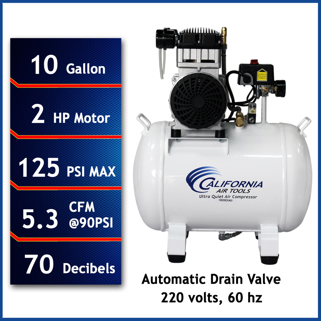 California Air Tools 10020CHAD-22060 Powerful 2.0 Hp Ultra Quiet Oil-Free 10 Gallon Air Compressor with automatic drain valve and specs panel 220v