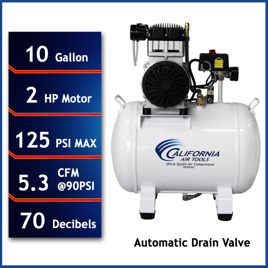 California Air Tools 10020CHAD Powerful 2.0 Hp Ultra Quiet Oil-Free 10 Gallon Air Compressor with automatic drain valve and specs panel