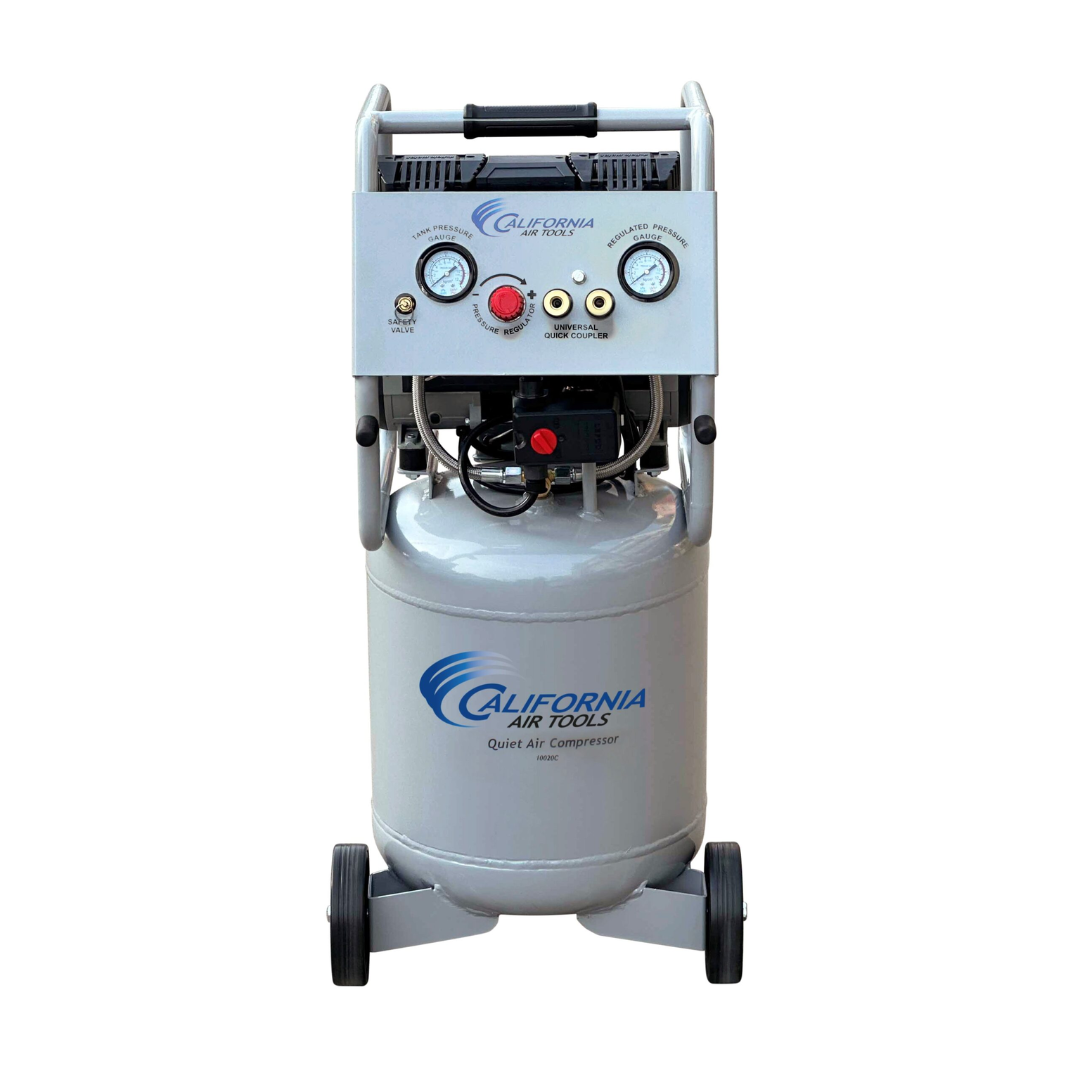 California Air Tools 10020C Ultra Quiet Oil-Free Powerful 2.0 Hp 10 Gallon Air Compressor full front view with gauges