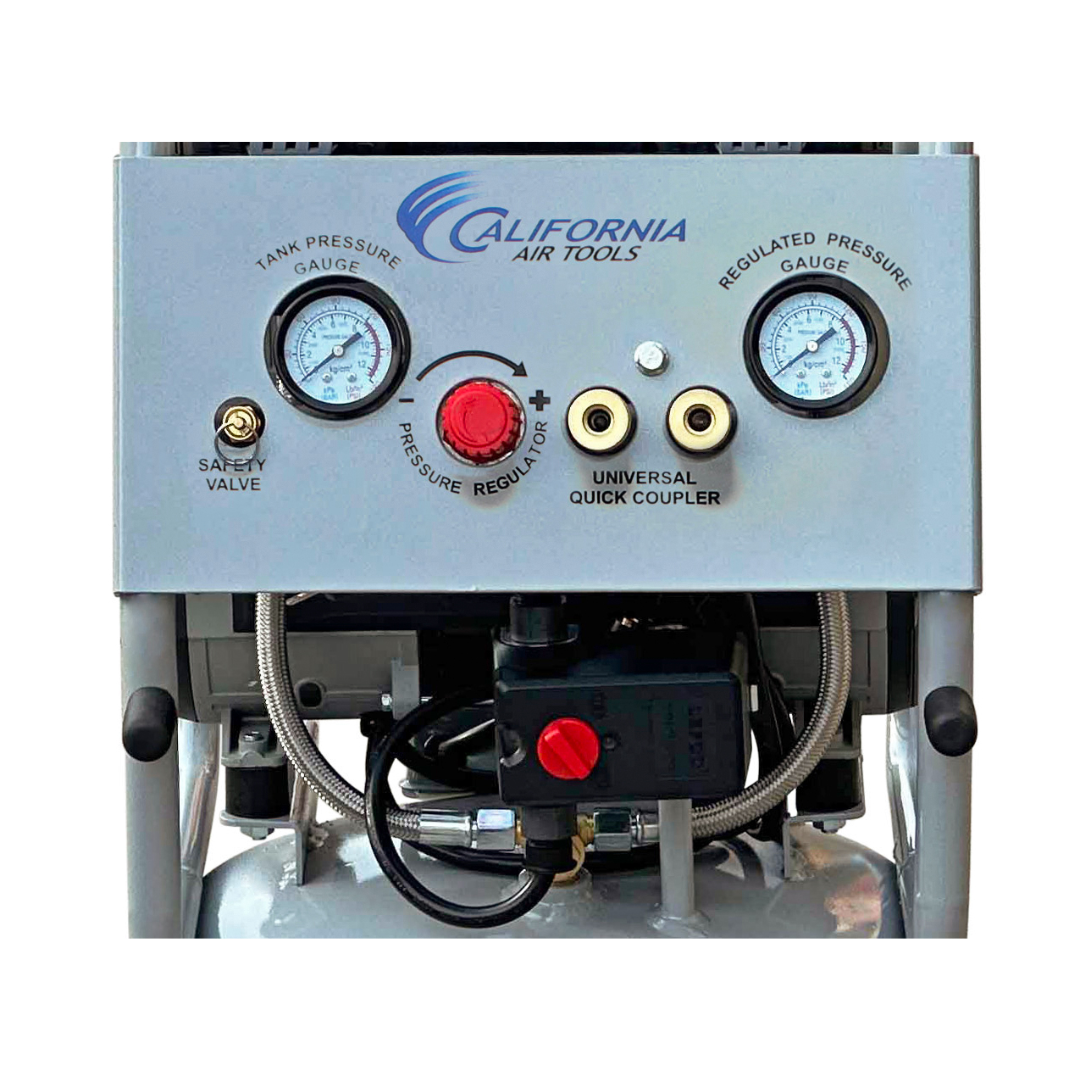 California Air Tools 10020C Ultra Quiet Oil-Free Powerful 2.0 Hp 10 Gallon Air Compressor pressure regulator and connectors detail