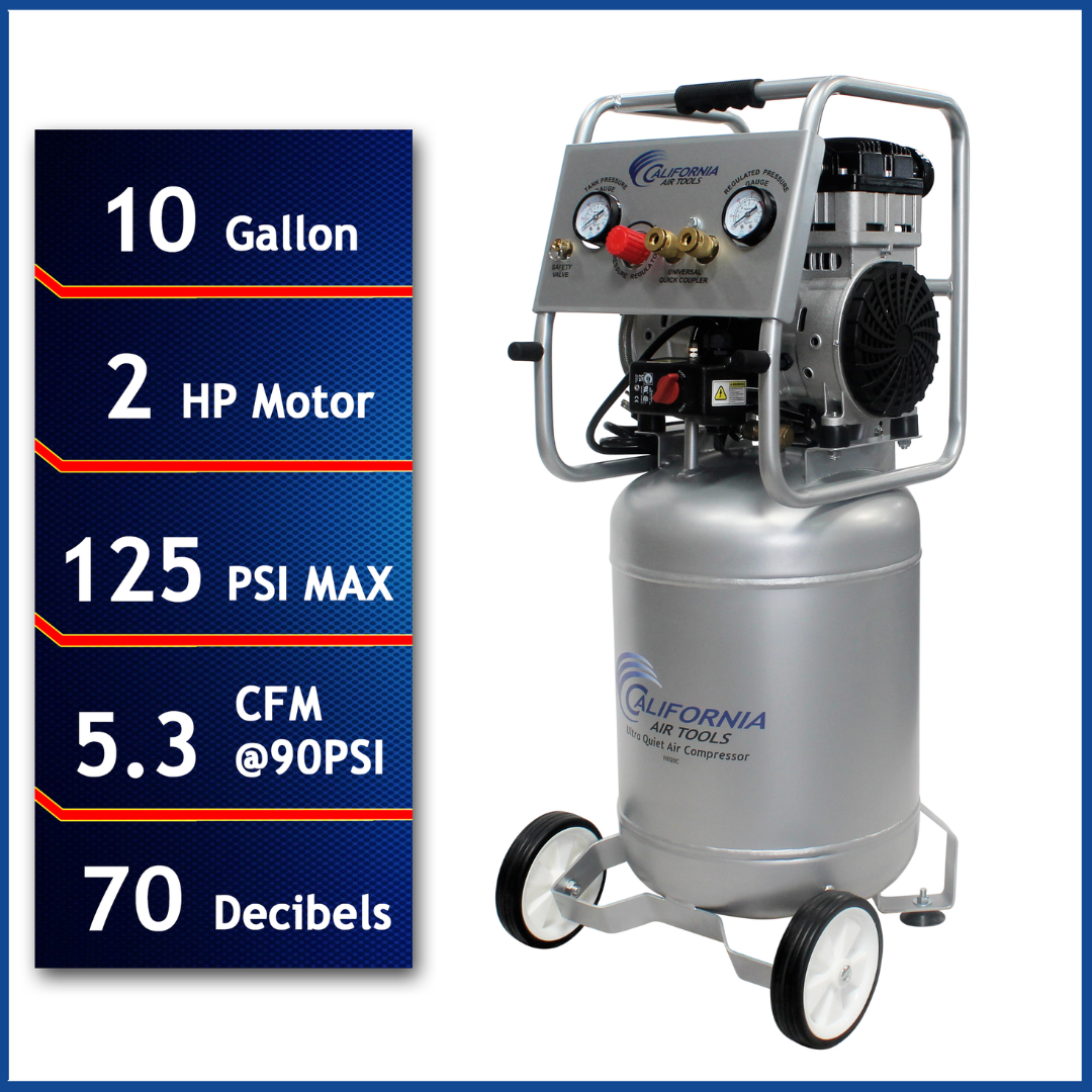 California Air Tools 10020C Ultra Quiet Oil-Free Powerful 2.0 Hp 10 Gallon Air Compressor with performance specs panel