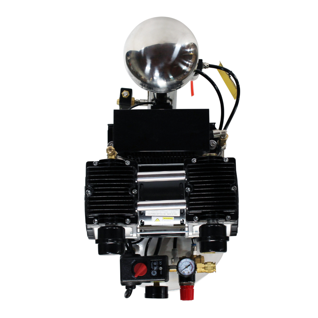 California Air Tools 10020DC-22060 2.0 Hp Ultra Quiet Oil-Free 10 Gallon Air Compressor angled view with air dryer assembly