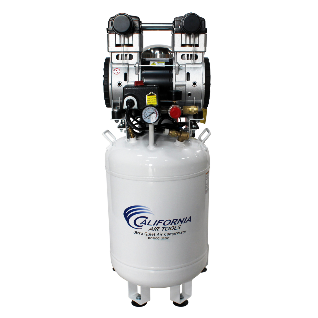 California Air Tools 10020DC-22060 2.0 Hp Ultra Quiet Oil-Free 10 Gallon Air Compressor rear motor and dual piston pump system