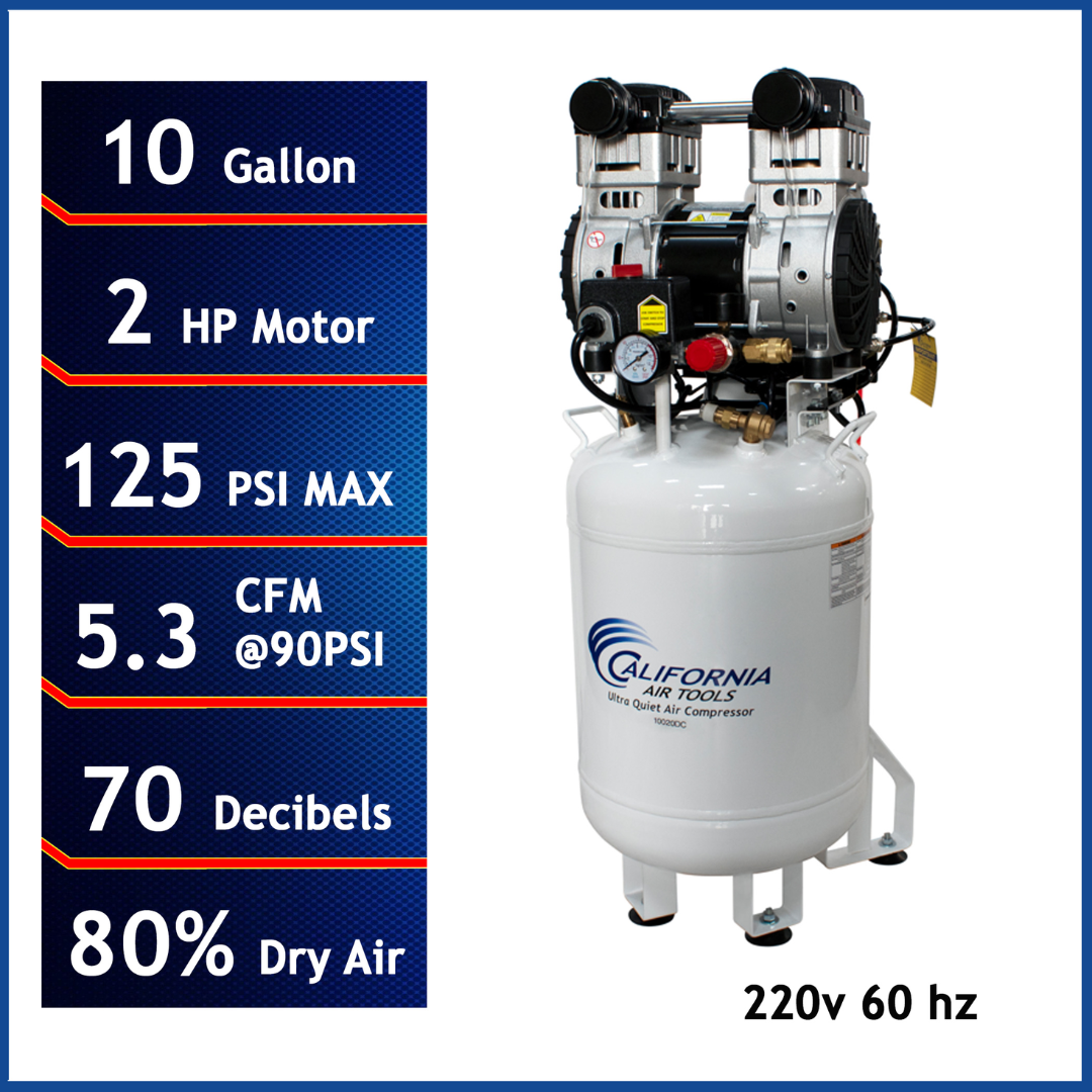 California Air Tools 10020DC-22060 2.0 Hp Ultra Quiet Oil-Free 10 Gallon Air Compressor with 80 percent air dryer and performance specs panel