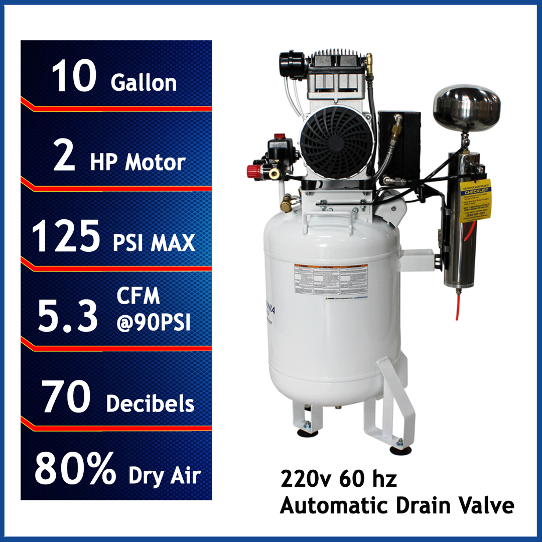 California Air Tools 10020DCAD-22060 2.0 Hp Ultra Quiet Oil-Free 10 Gallon Air Compressor with 80 percent air dryer and auto drain specs panel 220v