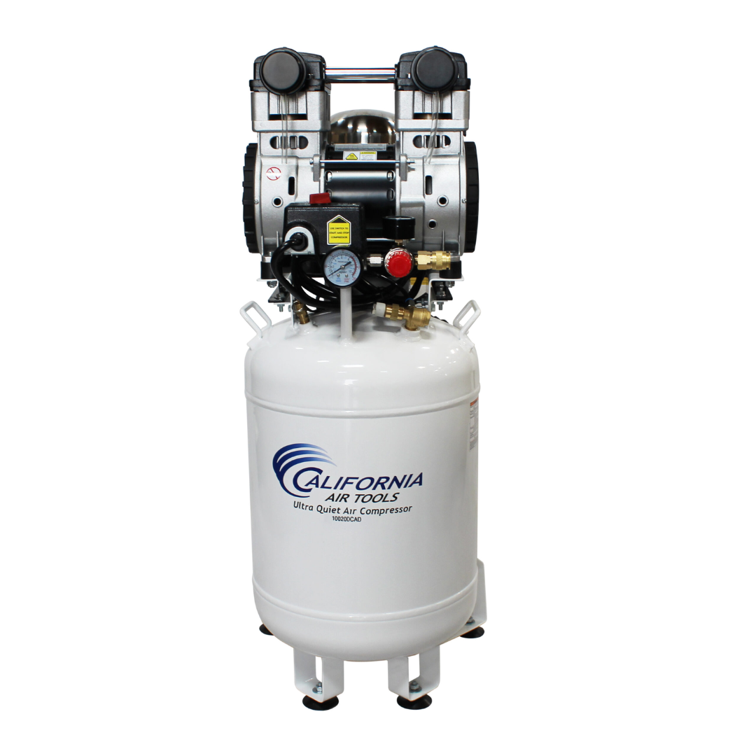 California Air Tools 10020DCAD Ultra Quiet 2.0 Hp Oil-Free 10 Gallon Air Compressor control panel and regulator close-up