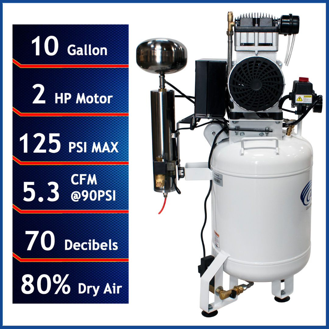 California Air Tools 10020DCAD Ultra Quiet 2.0 Hp Oil-Free 10 Gallon Air Compressor with 80 percent air dryer and auto drain specs panel