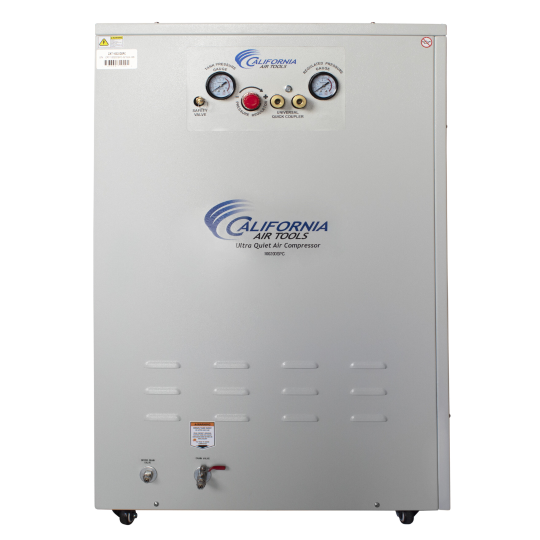 California Air Tools 10020DSPC Powerful 2.0 Hp Ultra Quiet Oil-Free Air Compressor cabinet interior showing tank and motor