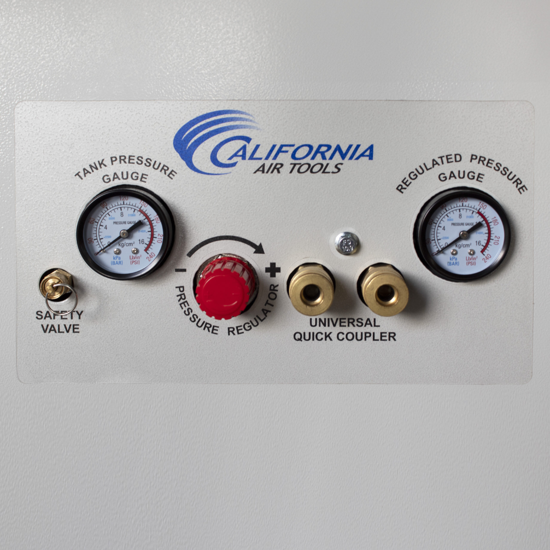 California Air Tools 10020DSPC Powerful 2.0 Hp Ultra Quiet Oil-Free Air Compressor drainage valve and connections close-up